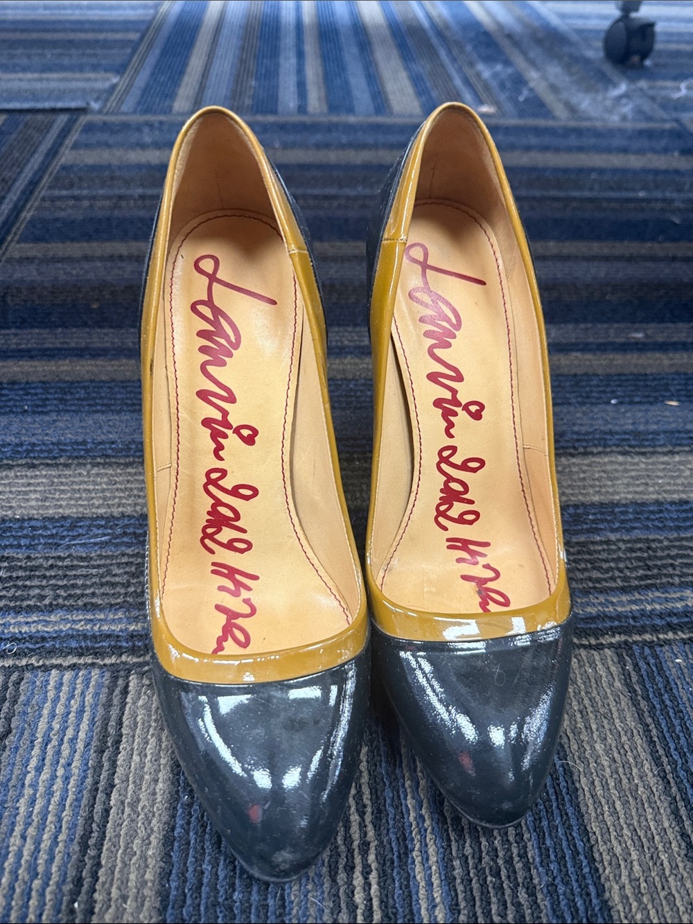 Lanvin Two-Tone Patent Pointed Toe Pumps in Mustard and Charcoal